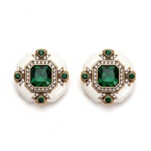 GREEN WHITE VINTAGE STYLE RHINESTONE ENAMEL EARRINGS